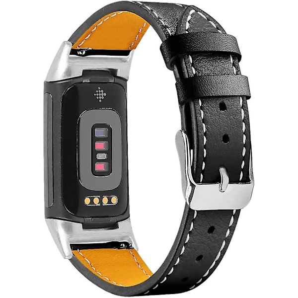 Lærremmer som er kompatible med Fitbit Charge 5, erstatningsstropper i ekte skinn for kvinner, menn Black