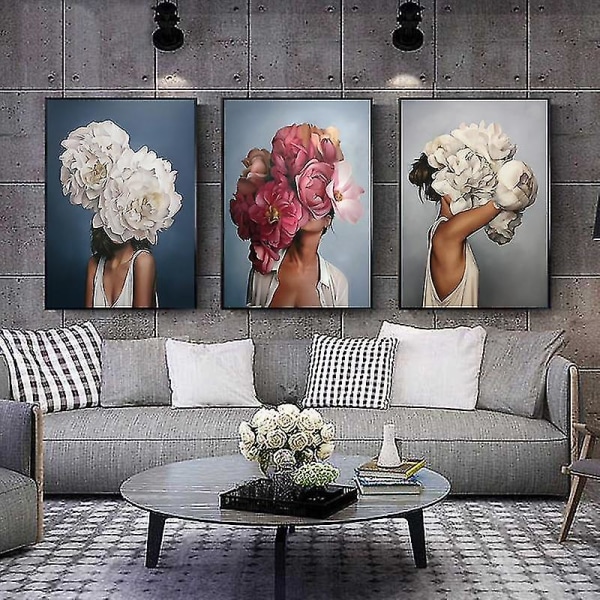 Blomst, Fjer, Kvinde Abstrakt - Lærredsmaleri Vægkunst A2 42x60 cm uden ramme A2 42x60cm No Frame