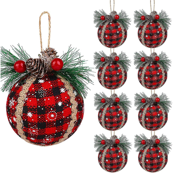 9 stk Julepleddballpynt - 3 tommers svart og rød bøffel rutete stoffball eller