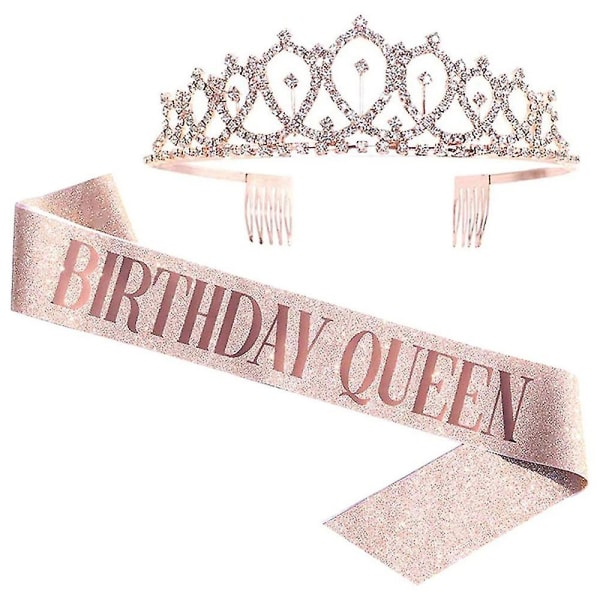 Kvinder Pige Tillykke med fødselsdagen Tilbehør Skulder Sash Crystal Crown Party Pandebånd Sæt One Size Rose Gold QUEEN