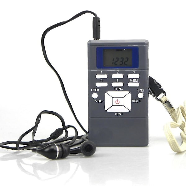 Kannettava miniradio digitaalisella LED-näytöllä, kuulokkeilla ja kaulanauhalla