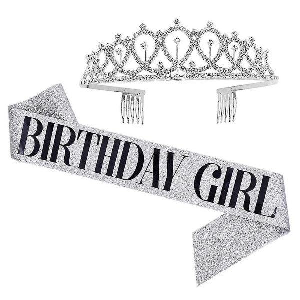 Kvinder Pige Tillykke med fødselsdagen Tilbehør Skulder Sash Crystal Crown Party Pandebånd Sæt One Size Silver GIRL