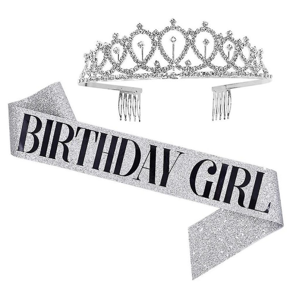 Kvinnor Tjej Grattis på födelsedagen Accessoarer Axel Sash Crystal Crown Party Pannband Set One Size Silver GIRL