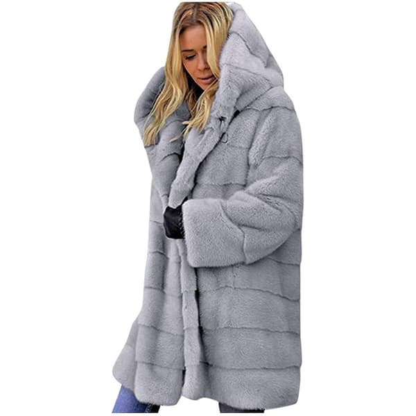【BQ】Pälsjacka för damer med huva, plusstorlek, lång kofta, vinterjacka, varm vinterjacka i fuskpäls (XL)-FF-