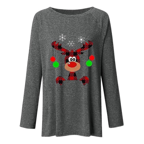 Hhcx-christmas Xmas Reindeer Print Women T-shirt Blouse Longline Top Grey XL