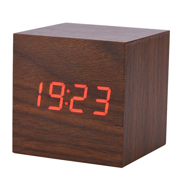 Trä LED Digital Väckarklocka, Röststyrning, Brun, 6x6x6cm