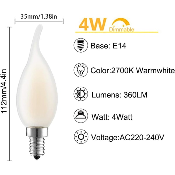 LED E14 Dimbar glödtrådslampa, parti med 10 Flamelampor, 4 Watts förbrukning 40W Glödlampa ekvivalens, 2700K varmvit och 400LM, 360° strålvinkel