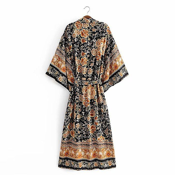 Cotton Vintage Kimono Autumn Slim Beach Cover-up Khaki L