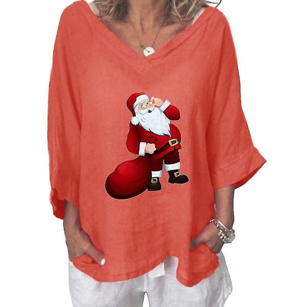 Hhcx-women Christmas T-shirt Xmas Plus Size Tunic Top Blouse Orange L