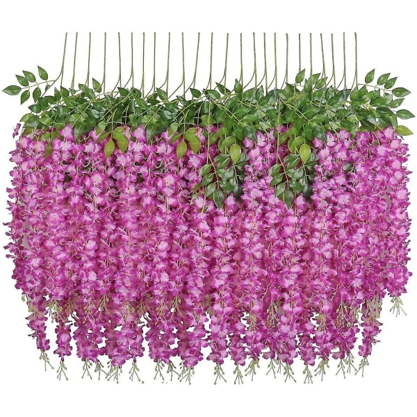 Kunstig falsk Wisteria vinranke hængende silkeblomster Dekoration til hjemmebryllupsfest (24 stk, strand, hvid) Fuchsia