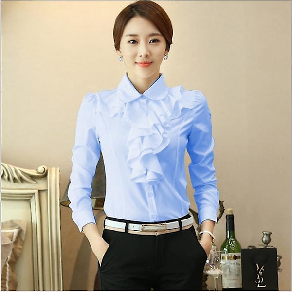 Nye kvinder chiffon bluse langærmet skjorte kvindelige professionelle blonder toppe Ol Chiffon toppe light blue S