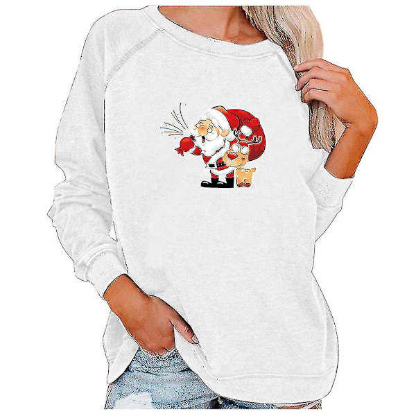 Hhcx-christmas Tunika Damer Langærmet T-shirt Xmas Santa Print Toppe Bluse White L