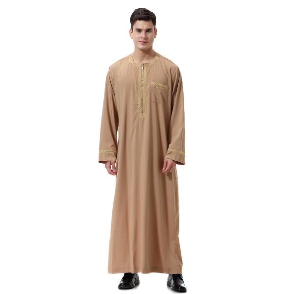 Mænd Muslim Saudi Robe Kaftan Dubai Tunika Lang Top Bluse Thobe Camel 2XL