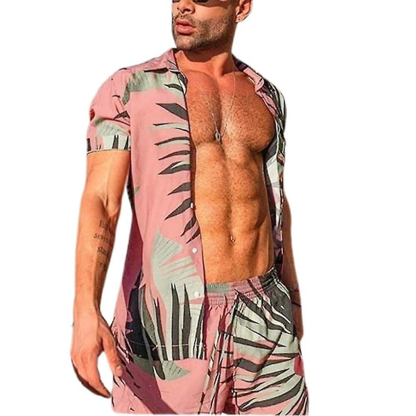Men Hawaii Boho Summer Outfit Kortærmet Shirt Shorts Set Holiday Beach Pink M