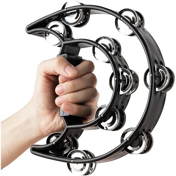 4st Half Moon Tambourine, Vuxen Tambourine med 40 Bells, Hand (svart)