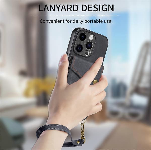 【BQ】Retro kortholder foldbart læder telefoncover med rem Black For iPhone 15 Pro