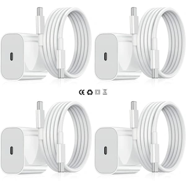 【BQ】4-pakning iPhone-lader - Hurtiglader - Adapter + 2-meterskabel 20W USB-C Hvit 4-pakning 4-Pack USB-C