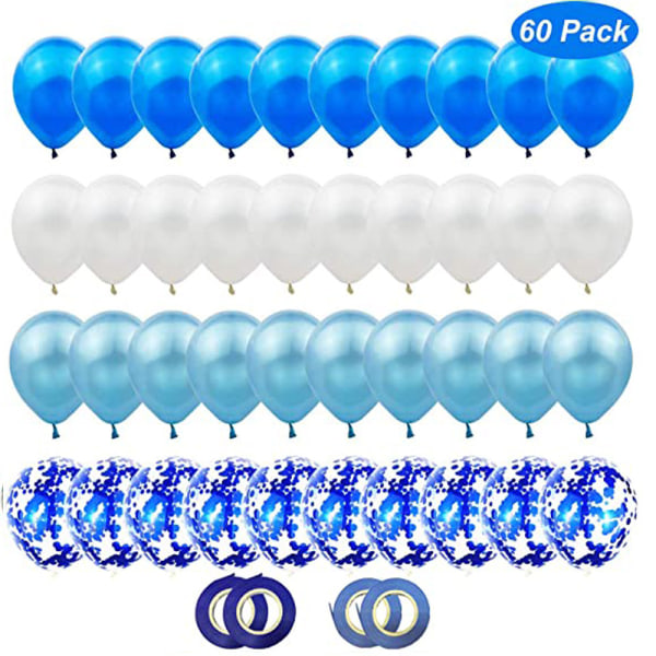 ny stil 60 vita blå ballonger med blå konfettiballonger, 12 tums heliumballonger för öllopsfödelsedagsdopdekoration (blåvit)