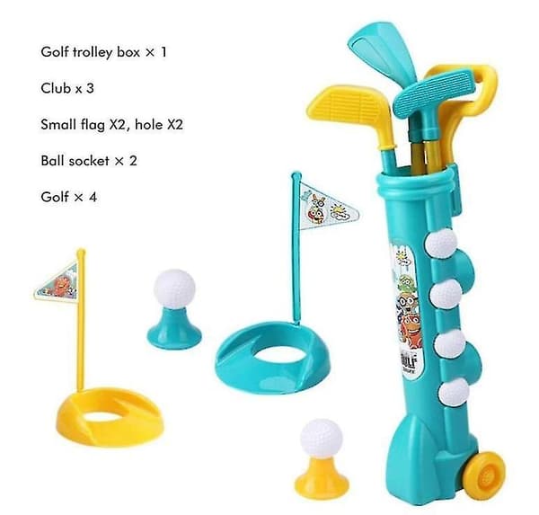 [BQ]BQ Golfsett for Barn, Golftoy med 1 Golfvogn, 3 Golfkøller og 2 Øvelseshull