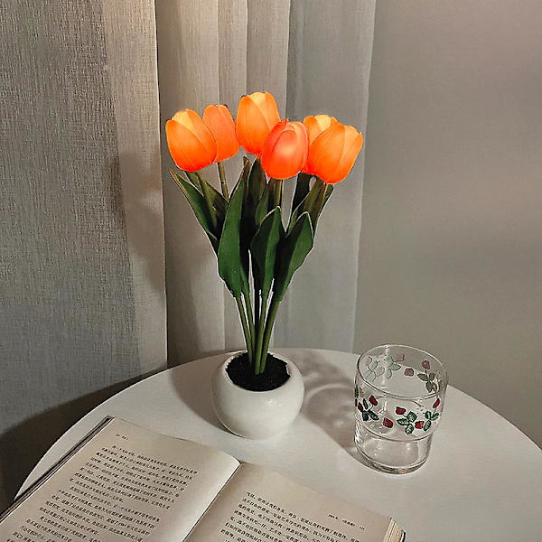 Led Tulip Night Light Simulation Flower Pöytävalaisin Kodinsisustus Tunnelmalamppu Romanttinen ruukkulahja toimistoon/huoneeseen/baariin/kahvilaan USB Rechargeable 6 Head Orange Tulip