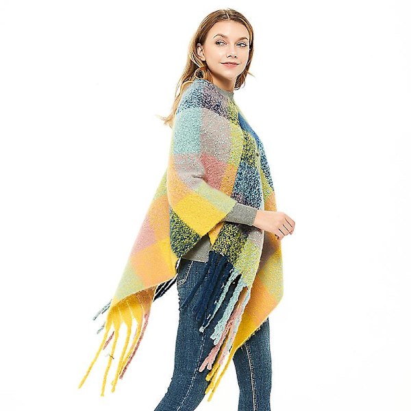 Grova fransar pullover mantel höst och vinter kvinnors förtjockade färg rutig sjal Blue 75cm