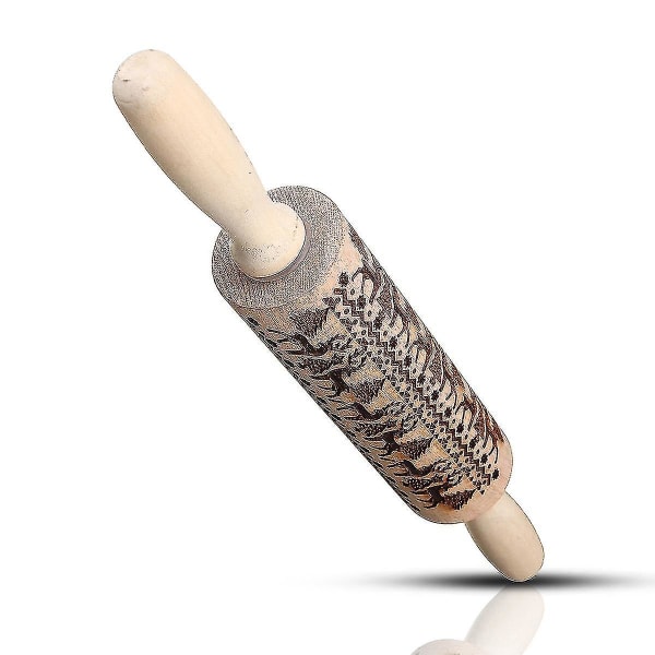 Hhcx-christmas Elk Print Rolling Pin Engraved Rolling Pin Wooden Embossing Embossed Baking Tools