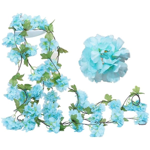 2 pakke falske kirsebærvinblomster plante kunstig efeu hængende grønne blade silkeguirlande bryllupskunstudsmykning (blå) Blue