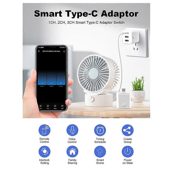 Tuya Wifi Smart Socket 3 Gang Type-C Smart Plug USB-adapter Smart Life APP Uafhængig stemmestyring til Alexa Google White