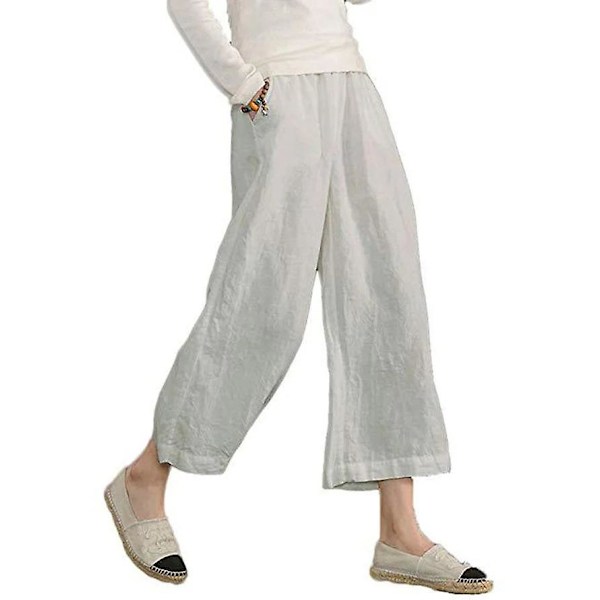 kvinders bomuld linned løse cropped bukser hvid xxxl