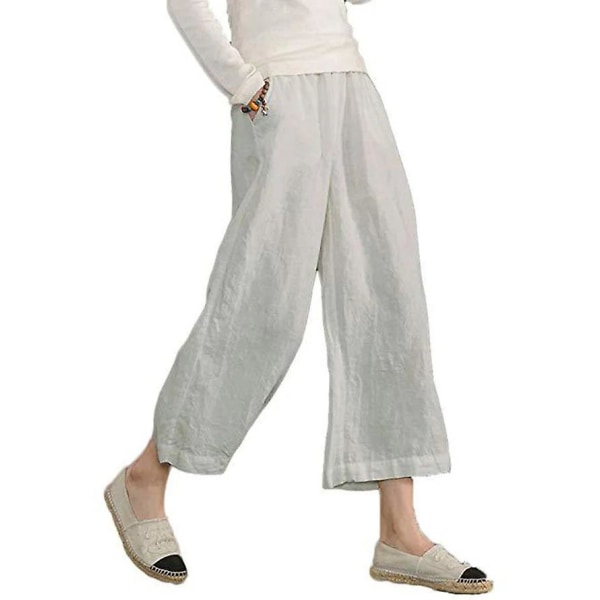 kvinners bomull lin løse avkortede bukser hvit L
