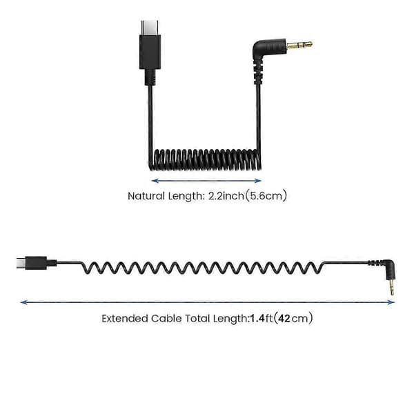 USB C til 3,5 mm mikrofonkabel til Wireless Go II, spiralkabel med retvinklet TRS han AUX-adapter lydkabel Black