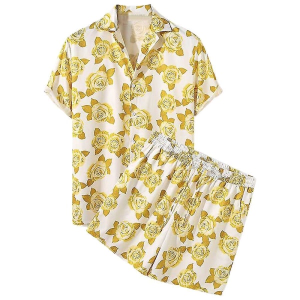 Men Hawaii Boho Summer Outfit Short Sleeve Shirt Shorts Set Holiday Beach Yellow 2XL