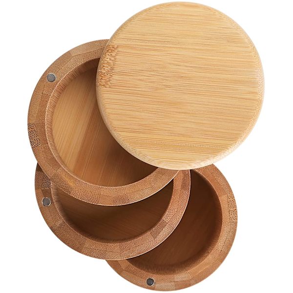 3 Tiers Bamboo Salt Box Triple Bamboo Spice Box With Magnetic Swivel Lid