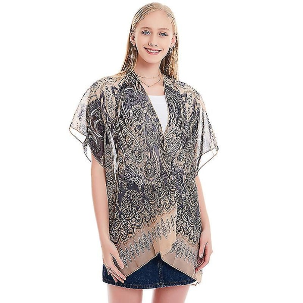 Kvinder Boho Chiffion tørklæde tørklæder Soft Wrap Sjal Stole Kortærmet Bluse Top Khaki