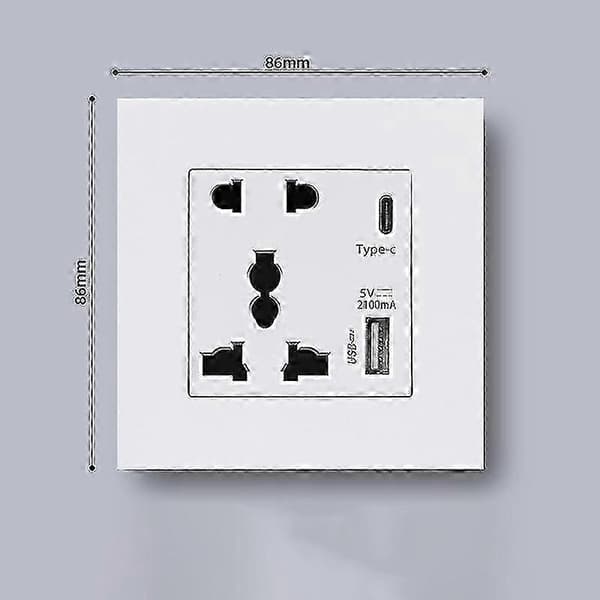 Strøm 2100ma USB-stik Krystalglaspanel 13a Stikkontakt med Type C-interface - WK White 1PC
