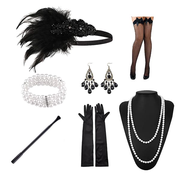 【BQ】1920'ernes Flapper Kostume Pandebånd Halskæde Handske Armbånd Gatsby M E-FF- E E Onesize