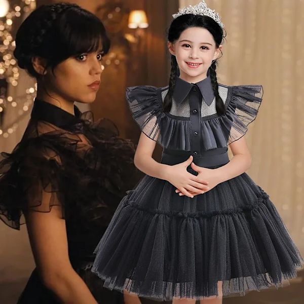 Halloween nya cos Addams Family onsdag tjejer painat klänning bal 150cm