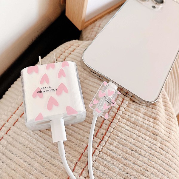 Pink Love Heart Silikon Mjuk Dammtät Bite Cord Line USB -kabel Laddningshuvud Winder Case Protector För Apple Iphone 18/20w Style 1