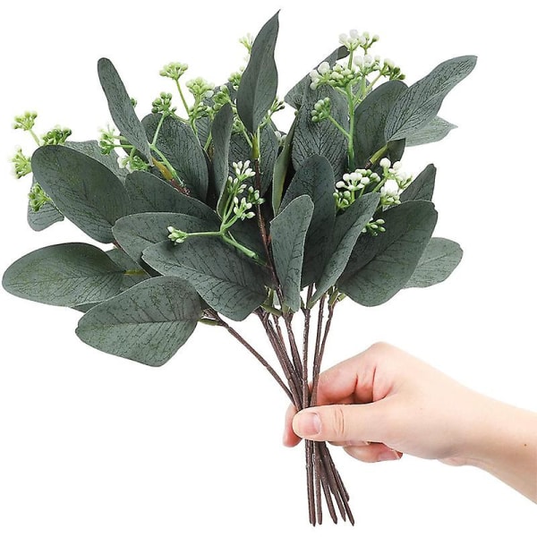 10 stk kunstig eukalyptus bladstamme kunstig blomst kort sølv dollar gren grønt plante bukett bryllup dekorasjon