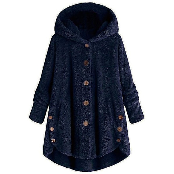 Damjacka Modeknapp Fluffig Ull Huvjacka Lös Vintervärme Plus Size Navy blue XL