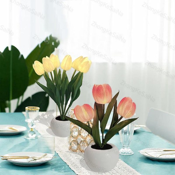 Led Tulip Nattljus Simulering Blomma Bordslampa Heminredning Atmosfärslampa Romantisk krukpresent till kontor/rum/bar/café Battery 3 Head Yellow Tulip