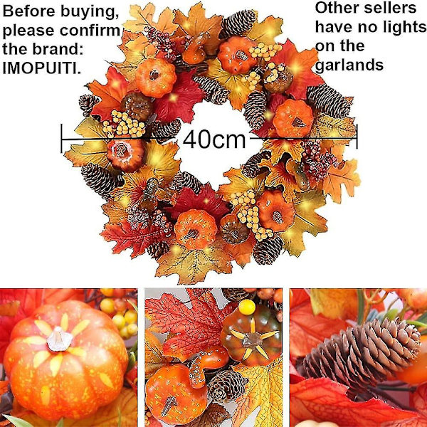 Höstkransar Med Led Ljus 40cm Höst Lönnblad Pumpa Bär Garland Konstgjord blomsterkrans Ytterdörr för Halloween Jul Thanksgiving Wall