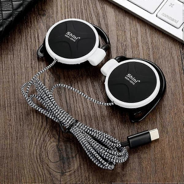 【BQ】Wired Headphones Ear Hook Noise Cancelling Microphone HiFi Sound Line Control Volume Adjustable Type-C White