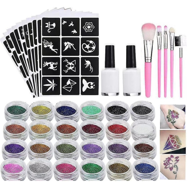 Temporary Glitter Tattoos Kit For Kids, 24 Large Glitter Colors Body Glitter Festival Party With 5 Brushes 2 Glue