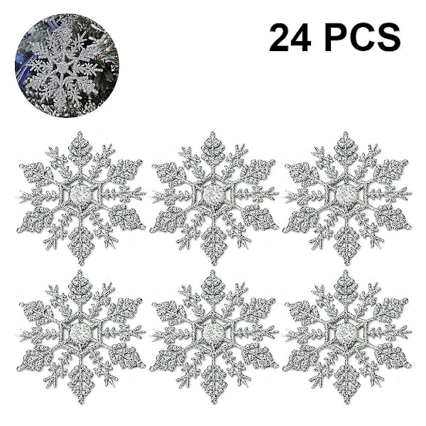 24 stk Plast Glitter Snefnug Ornamenter Juletræspynt