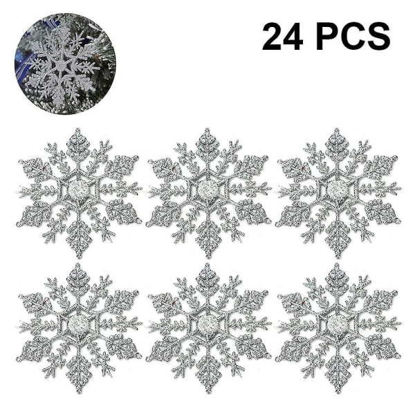 24stk Plast Glitter Snowflake Ornaments Juletrepynt