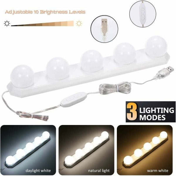 LEDspegellampa 5 glödlampor, bärbar sminklampa för sminkspegel med 10 ljusstyrka och 3 färglägen, USB uppladdningsbar sminkspegellampa