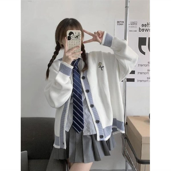 Deeptown Kawaii White Oversize genser Cardigan Dame Koreansk stil Harajuku Preppy Fashion V-hals Genser Dame Overdeler L