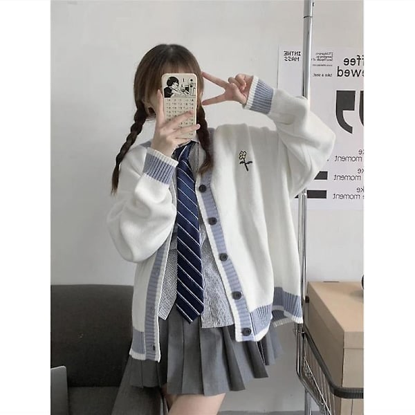 Deeptown Kawaii White Oversize Sweater Cardigan Dam Korean Style Harajuku Preppy Fashion V-ringad Jumper Pullover Dam Toppar L