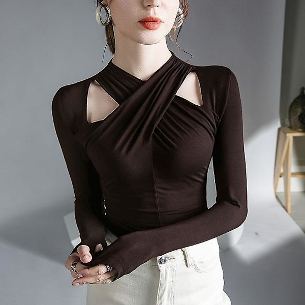 Höst Vinter Sexig Grimma Hollow Out Elegant Svart Kaffe Basic Dam Toppar Mode Långärmad Slim Fit T-shirt Kvinnor Kläder L Kaffe L Coffee